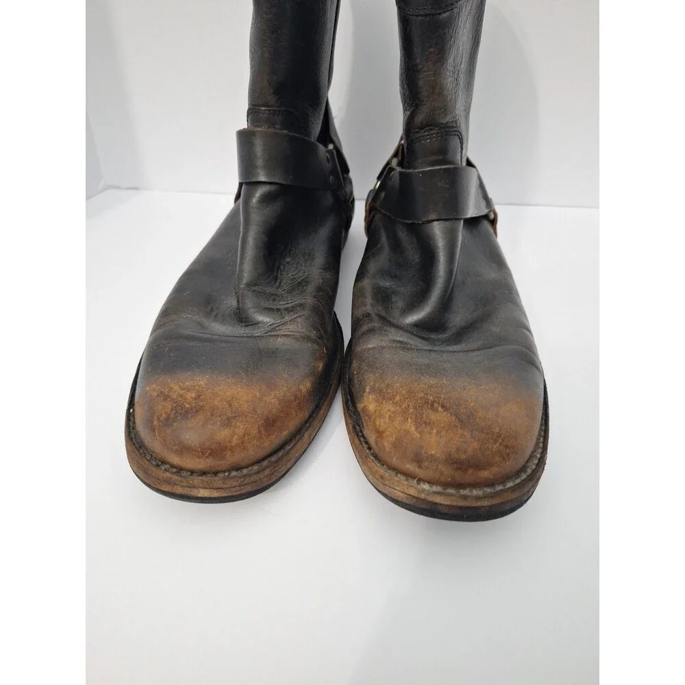 Vtg Frye Antiqued Black Leather Motorcycle Harness Boot Ankle Zip Up Mens 13 D